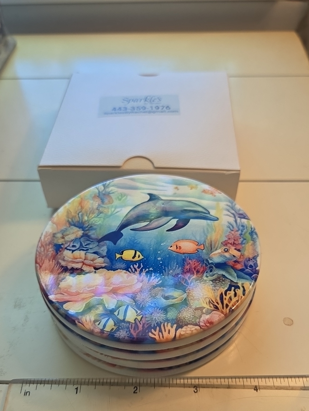 Ocean Dolphin Ceramic Coaster Set - Vibrant Multicolor Reef Design